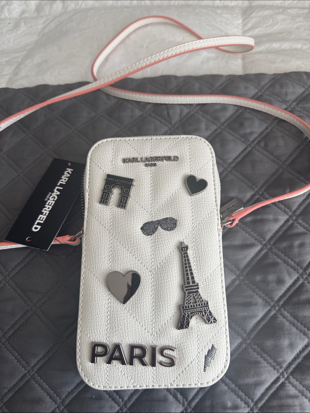 Karl Lagerfeld White Crossbody Phone Bag with Pink-Trim Strap